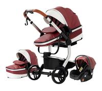 Poussette 3 en 1 Bébé Combinée Siège-Auto Nacelle Trio Réversible cuir pu Roues increvables Canne. ROUGE