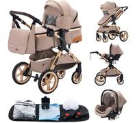 Poussette 3 en 1 Bébé Combinée Siège-Auto Nacelle Trio Réversible Réglable Haute Qualité Roues increvables Canne. KHAKI