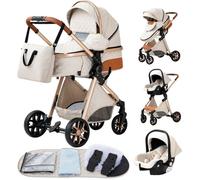 Poussette 3 en 1 Bébé Combinée Siège-Auto Nacelle Trio Réversible Réglable Haute Qualité Roues increvables. blanc cassé