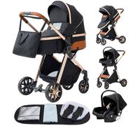 Poussette 3 en 1 Bébé Combinée Siège-Auto Nacelle Trio Réversible Réglable Haute Qualité Roues increvables Canne noir