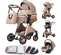 Poussette 3 en 1 Bébé Combinée Siège-Auto Nacelle Trio Réversible Réglable Haute Qualité Roues increvables Canne khaki.