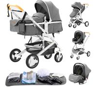 Poussette 3 en 1 Bébé Combinée Siège-Auto Nacelle Trio Réversible Réglable Haute Qualité Roues increvables Canne. GRIS