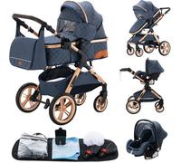 Poussette 3 en 1 Bébé Combinée Siège-Auto Nacelle Trio Réversible Réglable Haute Qualité Roues increvables Canne.BLEU