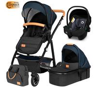 Poussette 3 en 1 LIONELO Amber - Pack poussette canne, Nacelle, Siege auto, Sac et accessoires - Bleu