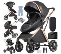 Poussette 3 en 1 pliable avec mode berceau et roues tout terrain | Dossier inclinable modulable, adapté aux nouveau-nés et tout-petits avec accessoires fournis,Noir