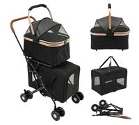 Poussette 3 en 1, pliable, pour chiens et chats, jusqu'à 35 kg, avec roues pivotantes à 360° avec freins, pour promenade en forêt, promenade en ville et visite vétérinaire (noir)