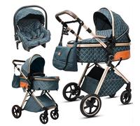 Poussette 3 en 1 pour nouveau-né - Avec berceau amovible, poussette pliable à une main - Réversible et suspension - Kit complet avec roues tout-terrain - Poids 22 kg - Bleu antique