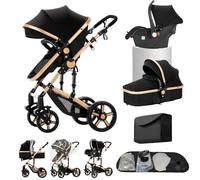 Poussette 3 en 1, poussette bidirectionnelle, nacelle cosy et capote inclus, pour naissance bébés de 0 a 3 ans (Noir-Or)