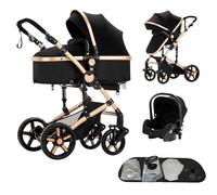 Poussette 3 en 1, poussette bidirectionnelle, nacelle cosy et capote inclus, pour naissance bébés de 0 a 3 ans (Noir-Or)