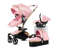 Poussette 3 en 1 Rose | Design convertible adapté nouveau-nés et tout-petits. Rotation 360° pratique, pliage rapide, matériau cuir PU