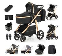 Poussette 3 en 1 SystèMe de Voyage, Landau avec SièGe Auto, Chariot Buggy avec Sac à Dos Et PoignéE RéGlable en Hauteur, Cadre en Alliage D'Aluminium, Adapté aux BéBéS de 0 à 4 Ans Noir