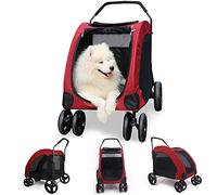 Poussette à 4 roues pour animal domestique, Pour chiens de taille moyenne et grande Avec roue360 ° et fenêtre Freins indépendants-Boucle de corde de pour animaux jusqu'à 55 kg (rouge)