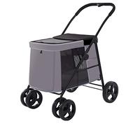 Poussette à 4 roues pour chiens et chats, poussette pliable portable avec rotation à 360 °, roue avant de voyage, fenêtre de toit, avec système de frein à pied, pour gros chien (gris)