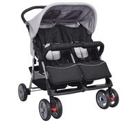 vidaXL Poussette à Deux Places Acier Gris et Noir Pliable Landau d'Enfant Bébé 10110