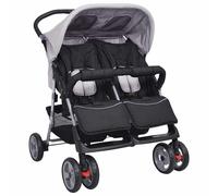 vidaXL Poussette à deux places 10110 Acier pliable Gris et Noir Landau enfant bébé