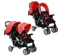 vidaXL Poussette à Deux Places Acier Rouge Noir Pliable Landau d'Enfant Bébé