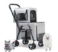 Poussette à double étage pour animaux de compagnie - Poussette double couche de qualité supérieure pour deux animaux de compagnie, chariot de voyage amovible, idéal pour plusieurs chats ou chiens