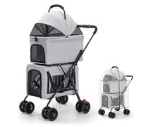 Poussette à double pont à 4 roues - Poussette facile à plier pour chien et chat de petite et moyenne taille, sac de transport pliable en maille respirante et visible avec porte-gobelet (gris)