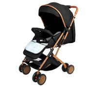 Poussette bébé 4 roues, cadre en acier laqué or, inclinable assis/allongé, pliable d’une main, avec matelas épais et moustiquaire, roues EVA anti-crevaison, charge maximale 30kg pour 0-6 ans，noir