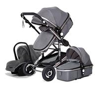 Poussette Bébé Combinée Trio Pack 3 en 1 Gris Chassis Haut a Absorption de Chocs Pliable Siege Auto Réversible Roues Increvables