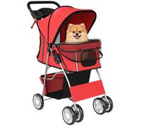 PawHut Poussette buggy pliable animaux chariot pliante imperméable chien chat housse de pluie incluse porte-gobelet panier de rangement roues avec frein tissu 600D Oxford acier rouge