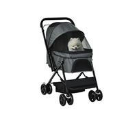 Poussette buggy pliable chien chat panier et sac de rangement attaches sécurité housse réglable poignée réglable acier Oxford gris