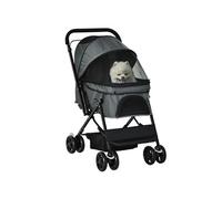 PawHut Poussette pour chien animaux de compagnie pliable avec 4 roues EVA guidon réglable panier et pochette de rangement - 76,5 x 52 x 95 cm gris