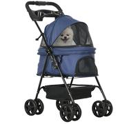 PawHut Poussette buggy chien et chat pliable – panier, 300D Oxford imperméable, 4 roues, bleu foncé