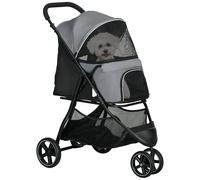 Poussette Buggy Pliable Pour Chien Chat - 2 Attaches, Guidon Réglable, Panier - Acier Oxford Gris