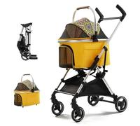 Poussette Chien 3 en 1, Poussette Pliable et Détachable pour Chien et Chats de Taille Moyenne et Petite, Cadre en Aluminium Léger, Pliage en Un Clic (jaune)