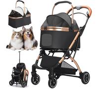 Poussette Chien 3-en-1, Poussette pour Chat Pliable, Panier De Rangement, Roues Résistant À l'usure À 360°, Fenêtre en Filet, Buggy Poussette pour Petits Chiens Et Chats Jusqu'à 15Kg,Noir