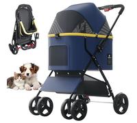 Poussette Chien 3-en-1, Poussette pour Chat Pliable, Panier De Rangement, Roues Résistant À l'usure À 360°, Fenêtre en Filet, Buggy Chariot pour Petits Chiens Et Chats, Jusqu'à 15Kg,Bleu