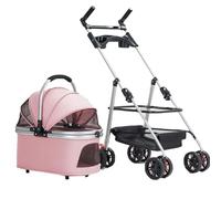 Poussette Chien Et Chat avec Panier Réglable À 180°, Pliage À Une Main, Double Frein sur La Roue Arrière, Roue Avant Pivotante À 360°, Panier De Rangement Élargi(Pink)