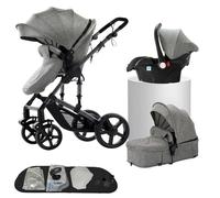 Poussette Combinée 3 en 1, Bidirectionnelle avec Nacelle, Réglable 105-180°, Pliage Facile, 4 Roues (588-Grey)