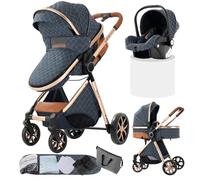 Poussette Combinée 3 en 1, Bidirectionnelle avec Nacelle, Réglable 105-180°, Pliage Facile, 4 Roues (YV9-BLUE)