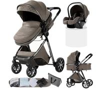 Poussette Combinée 3 en 1, Bidirectionnelle avec Nacelle, Réglable 105-180°, Pliage Facile, 4 Roues (YV9-CHOCOLATE)