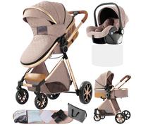 Poussette Combinée 3 en 1, Bidirectionnelle avec Nacelle, Réglable 105-180°, Pliage Facile, 4 Roues (YV9-KHAKI)