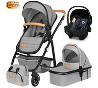 Poussette combinée 3en1 LIONELO Amber - Pack poussette canne, Nacelle, Siege auto, sac et accessoires - Gris