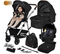 Poussette combinée 3en1 LIONELO Amber - Pack poussette canne, Nacelle, Siege auto, sac et accessoires - Noir/Argent