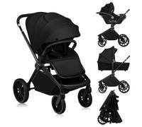 LIONELO MIKA PLUS 3 en 1 Poussette 0 à 48 mois jusqu'à 22 kg Nacelle jusqu'à 9 kg, Siège Auto Nacelle, Réglage du Dossier, Amortisseurs, Roues 360° en PU Auvent XXL (Black Onyx)