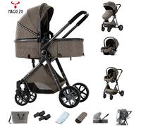 Poussette combinées 3 en 1 - Magic ZC - Poussette bebe canne haute qualité , sièges auto, nacelle, Acec grand panier, V9 Brun