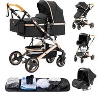 Poussette de luxe pour bébé, design pliable, quatre roues amortissantes , noir
