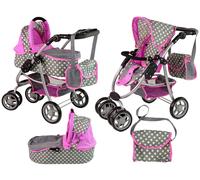 Poussette de poupée 2 en 1 nacelle rose étoiles