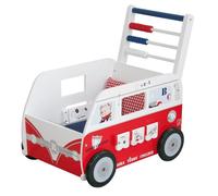 roba Poussette de Poupée en Bois "Teddy College" - Landau en Forme de Bus avec fonctions Ludiques + Coussin et Couverture