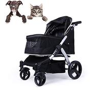 Poussette de sécurité haut de gamme pour chat et chien avec double frein de qualité, cadre en aluminium et accoudoir réglable (noir)