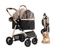 Poussette de voyage pliable 3 en 1 avec porte-gobelet pour chiens et chats de taille moyenne, landau pour chats et poussettes, grande poussette pour animaux de compagnie, fenêtre respirante (kaki) (