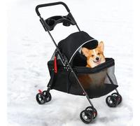 Poussette de voyage pliable à 4 roues pour chien et chat avec auvent réglable, ventilation en maille visible, panier de rangement, porte-gobelet, pour chiens de petite et moyenne taille et chats (noir