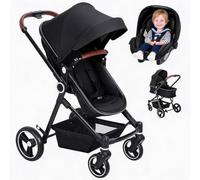 Poussette Double Duo 3 en 1 compacte et pliable, Nacelle + cosy auto + siège sport - Châssis léger, pliage rapide, jusqu’à 26 kg, roues 360° amorties - Noir