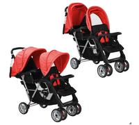 vidaXL Poussette double en acier rouge et noir – 6–36 mois – Auvents pliants, grand panier