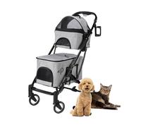 Poussette double étage pour animal domestique - Gris : double couffin, tapis hygiéniques lavables, laisses réglables, fenêtres en maille, porte-gobelets, poches de rangement, pliage à une main, légère